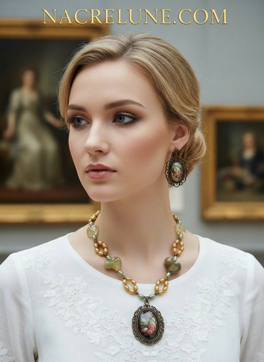 Parure en perles de culture véritables et perles acrylique avec camée en verre représentant des fleurs