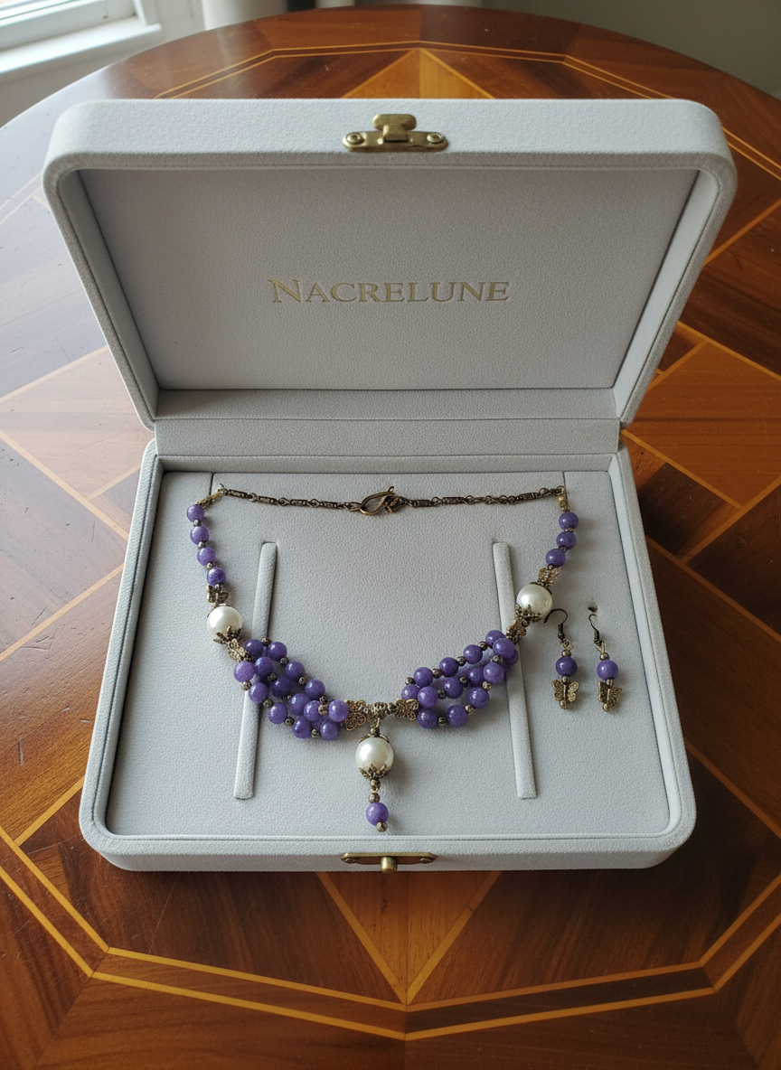 Parure en perles de jades mauves et perles de nacre nacrelune.com parure