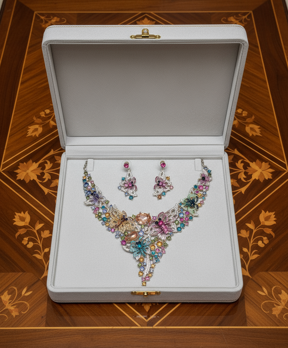Parure en strass multicolores, fleurs et papillons nacrelune.com parure
