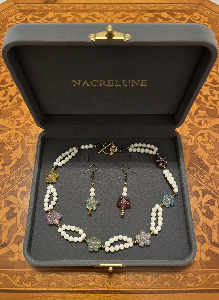 Parure en perles de nacre avec fleurs de verre nacrelune.com parure