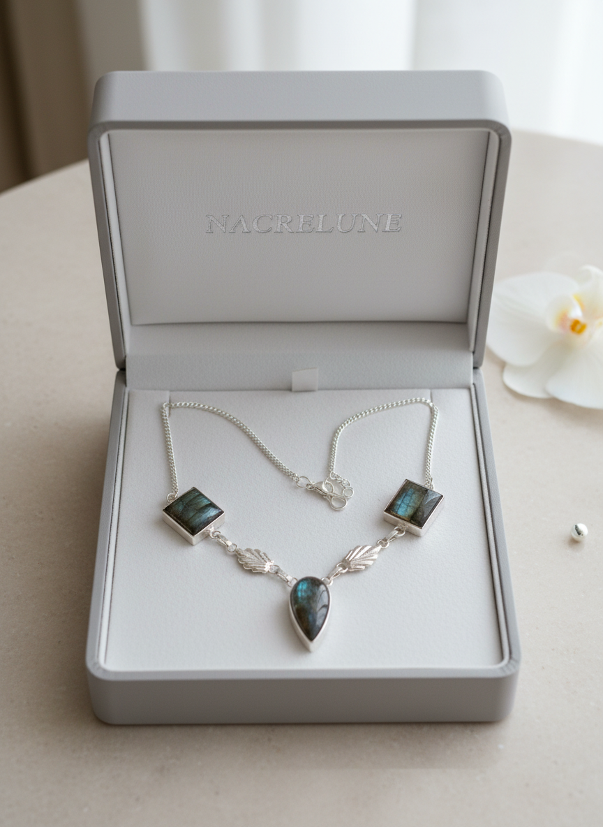 Collier argent 925 et labradorites polies nacrelune.com collier