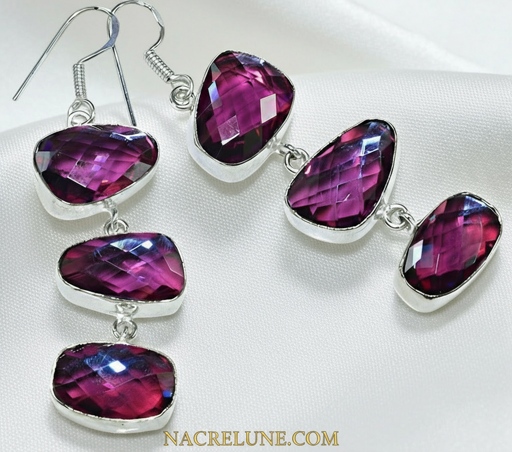 Boucles d'oreille en argent avec topazes mystiques rose-bleu nacrelune.com boucles d'oreille
