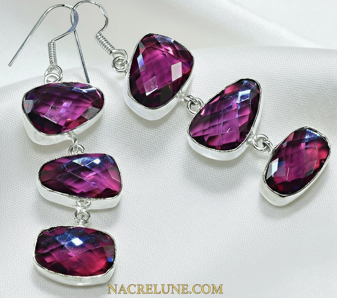 Boucles d'oreille en argent avec topazes mystiques rose-bleu nacrelune.com boucles d'oreille