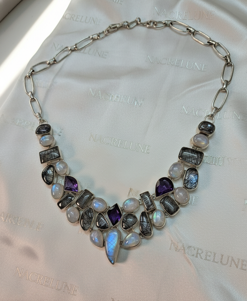 Collier en argent 925 avec pierres de lune, quartz rutiles et améthystes nacrelune.com collier