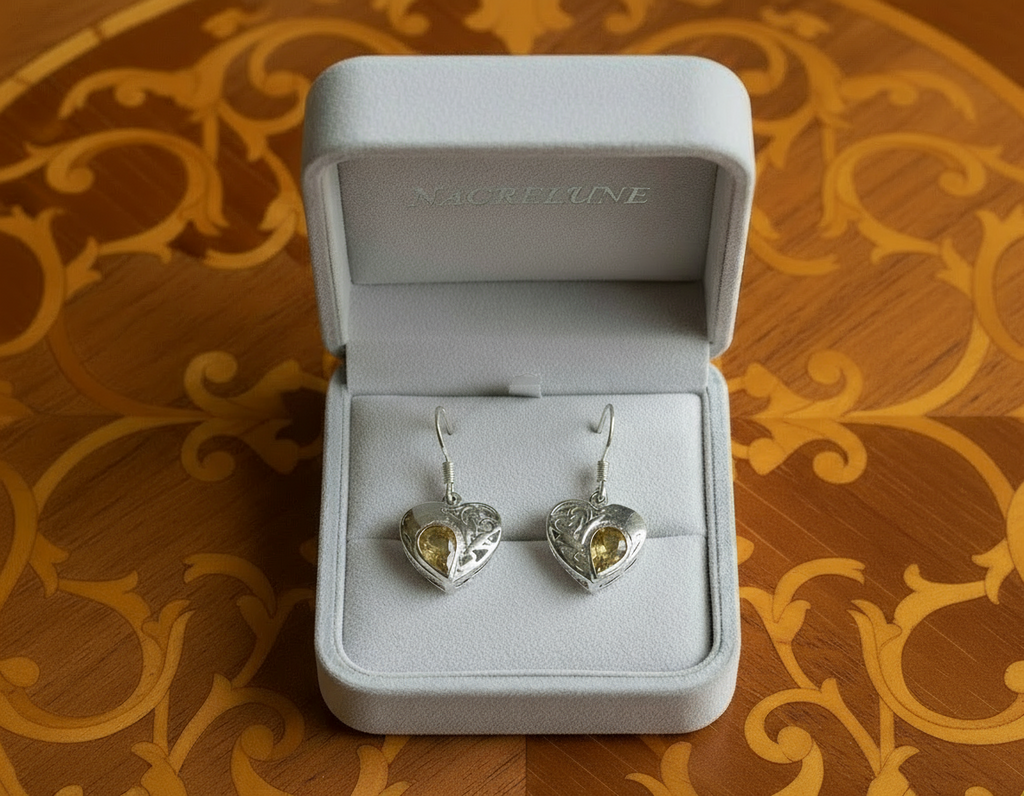 Boucles d’oreille en argent avec citrines en forme de coeur nacrelune.com boucles d'oreille