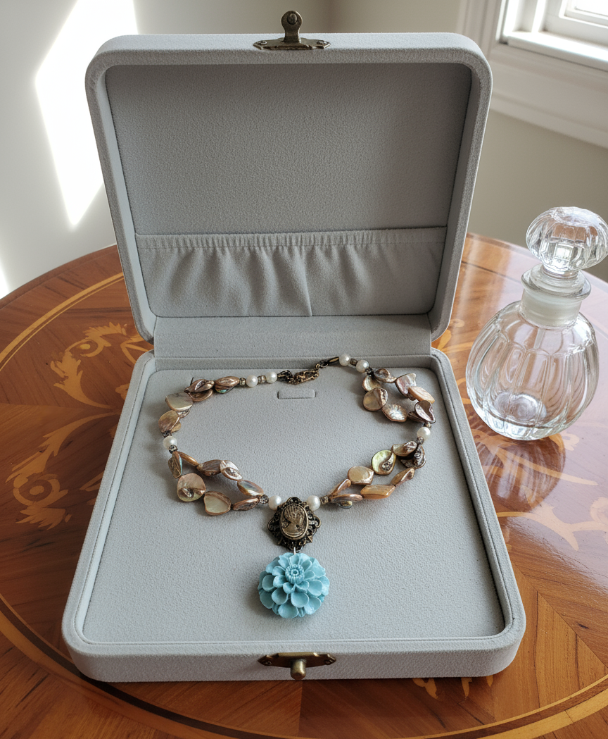 Collier en nacre doré et turquoise en résine nacrelune.com collier