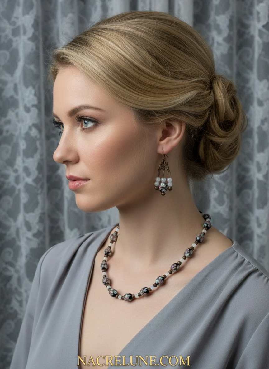 Parure en perles de verre fleuries Mauve nacrelune.com parure