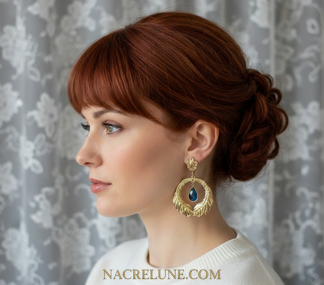 Grandes boucles d'oreille fantaisie en forme de plume de paon NACRELUNE boucles d'oreille