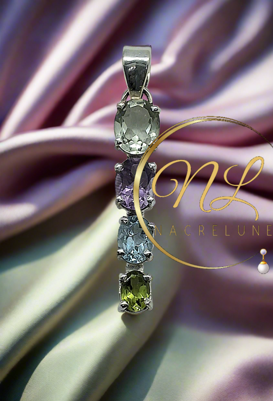pendentif en argent véritable mettant en valeur des pierres semi-précieuses taillées: éclats verdoyants de péridot, nuances brillantes d'améthyste, éblouissante topaze bleue et quartz vert apaisant