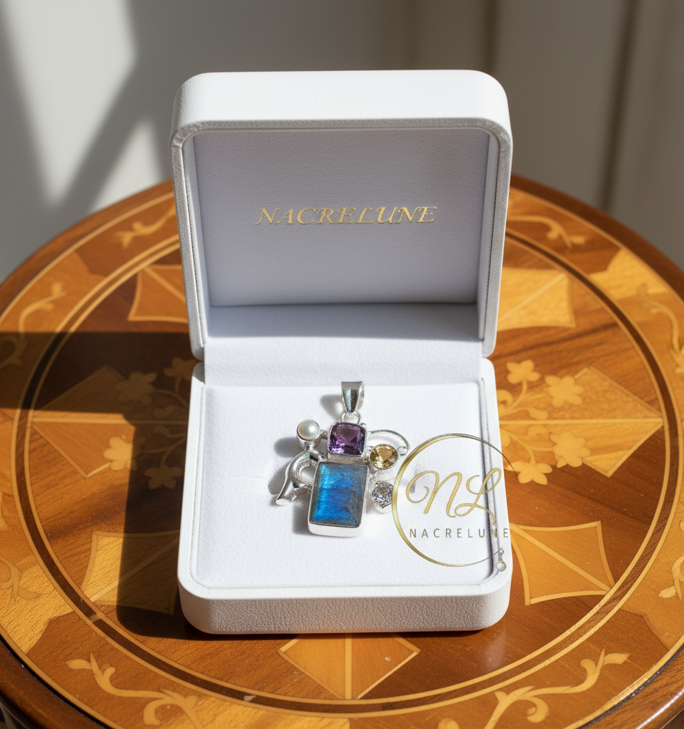 Pendentif en argent 925 avec labradorite, améthyste et citrine nacrelune.com pendentif