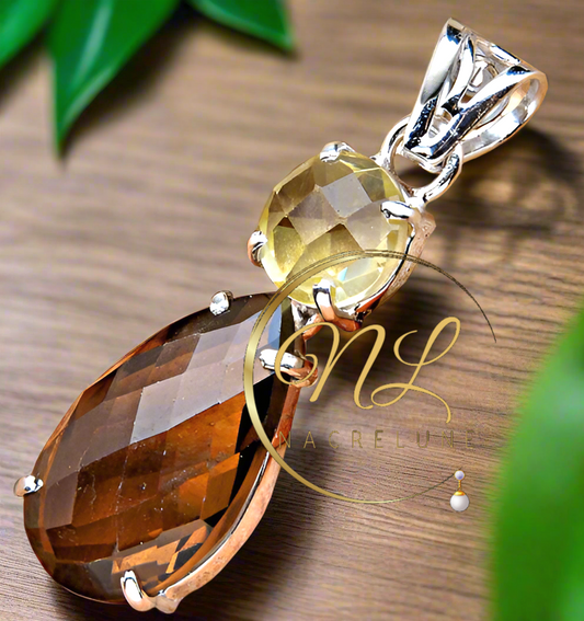 Pendentif en argent 925 avec citrine et quartz fumé taillés