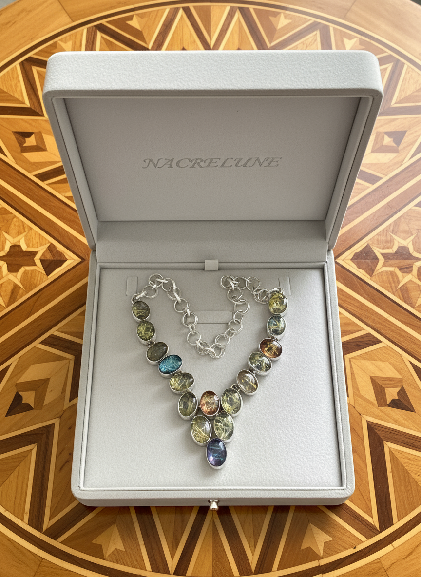 Collier en argent 925 et quartz rutiles scintillants multicolores nacrelune.com collier