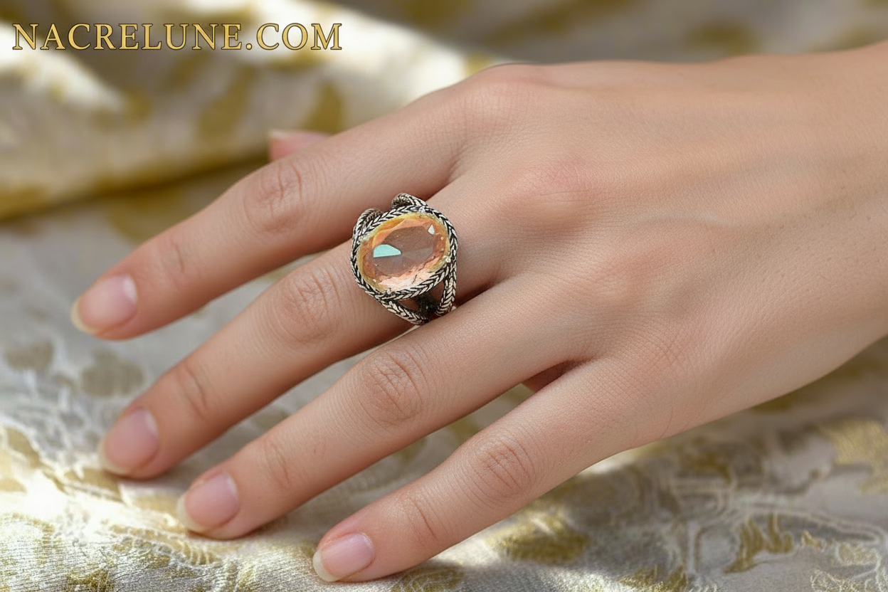 Bague en argent 925 avec topaze traitée mystique multicolore nacrelune.com Bague