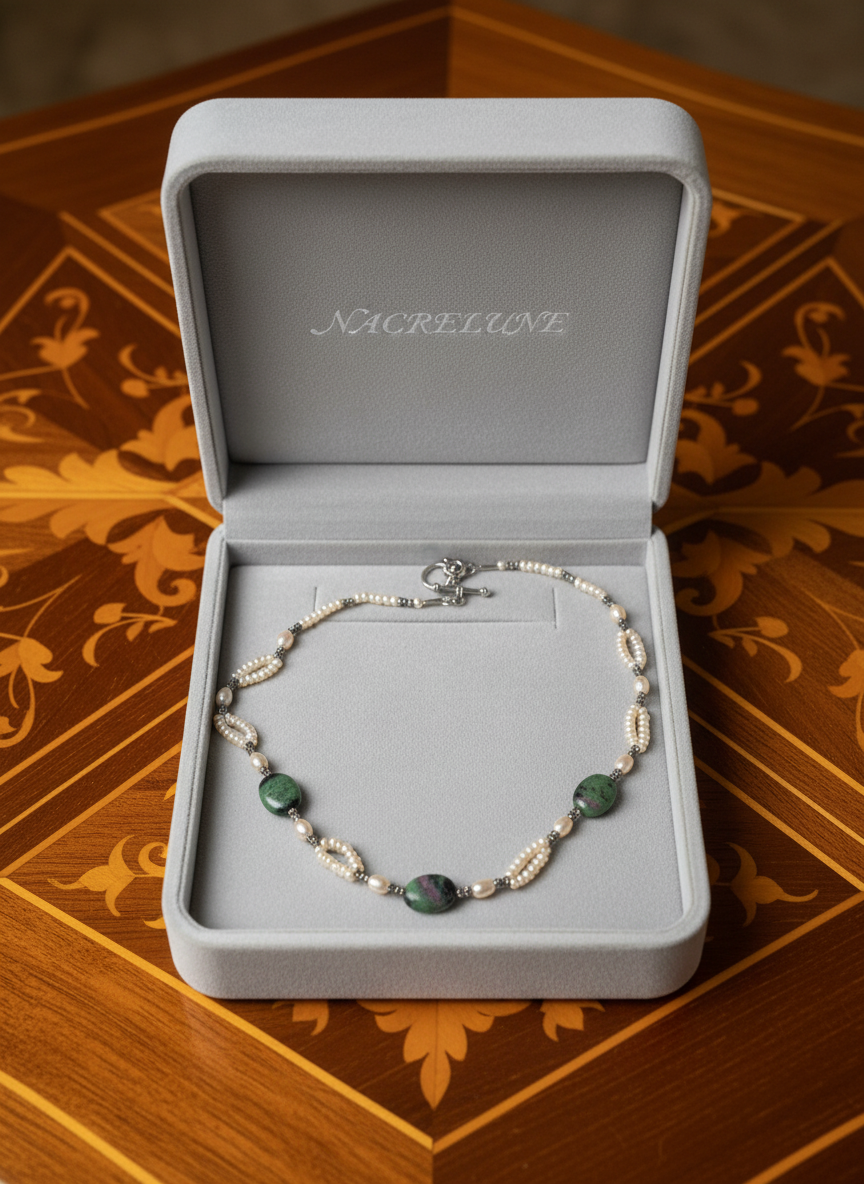 Collier en perles de culture et rubis zoïsites polis nacrelune.com collier