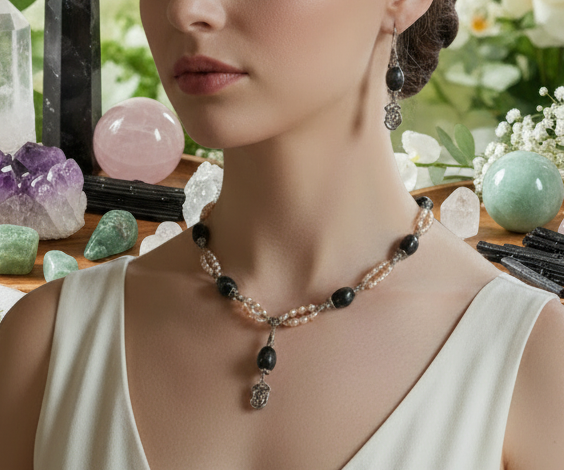 Parure Perles de Culture Saumon & Labradorite Naturelle – Collier et Boucles d'Oreilles | NACRELUNE nacrelune.com parure
