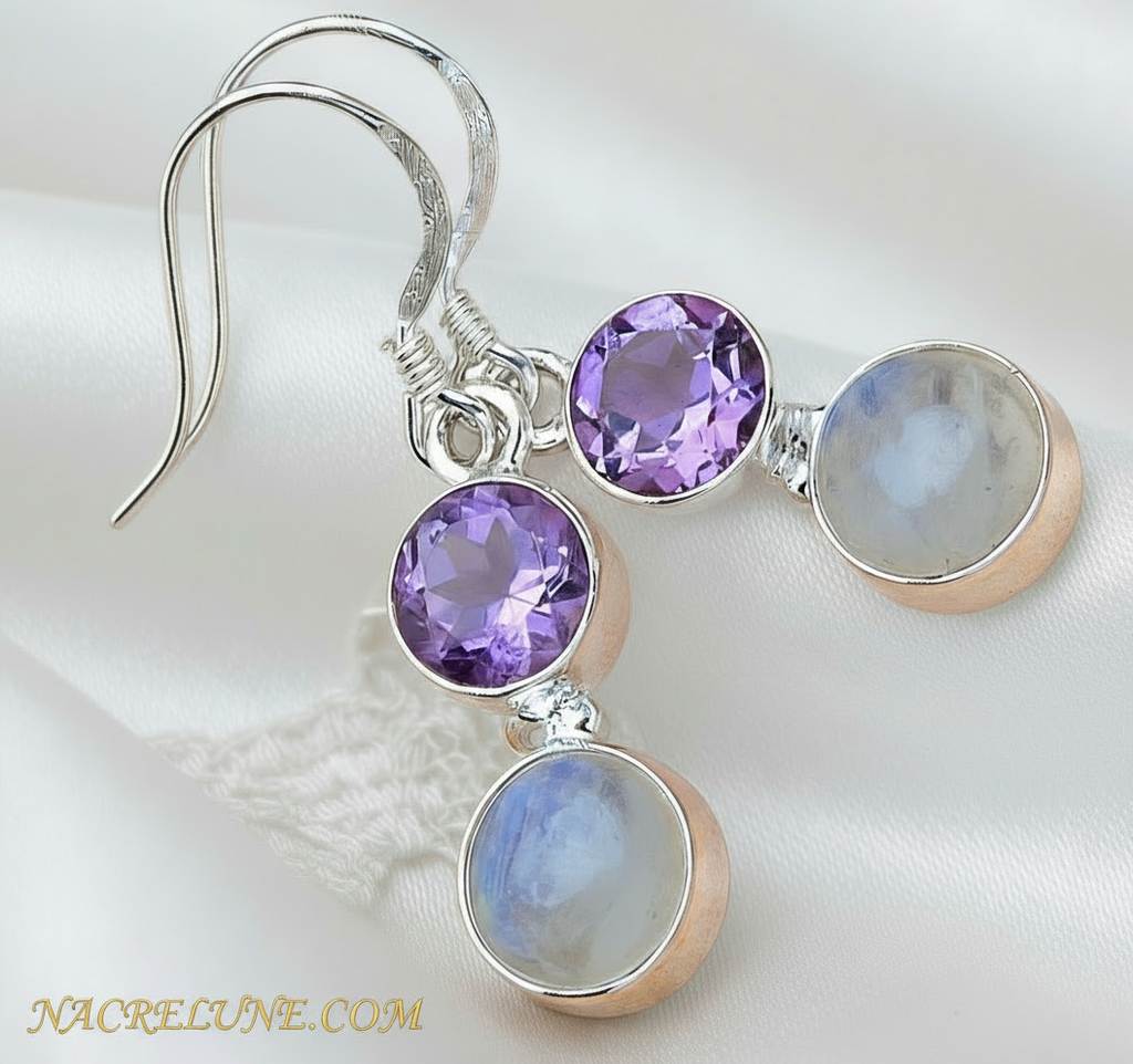 Boucles d'oreille en argent avec améthystes et pierres de lune nacrelune.com boucles d'oreille