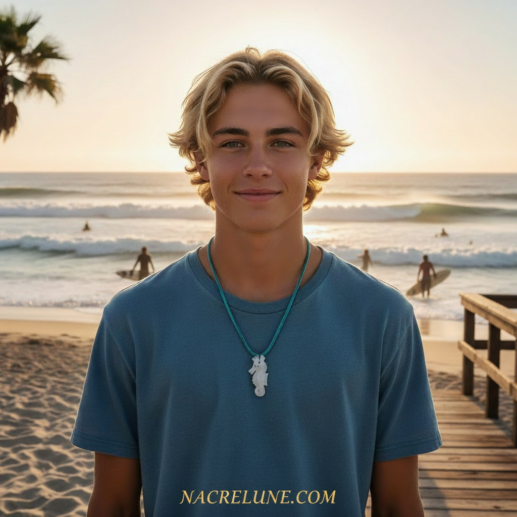 Pendentif hyppocampe en nacre avec son lien cuir NACRELUNE pendentif