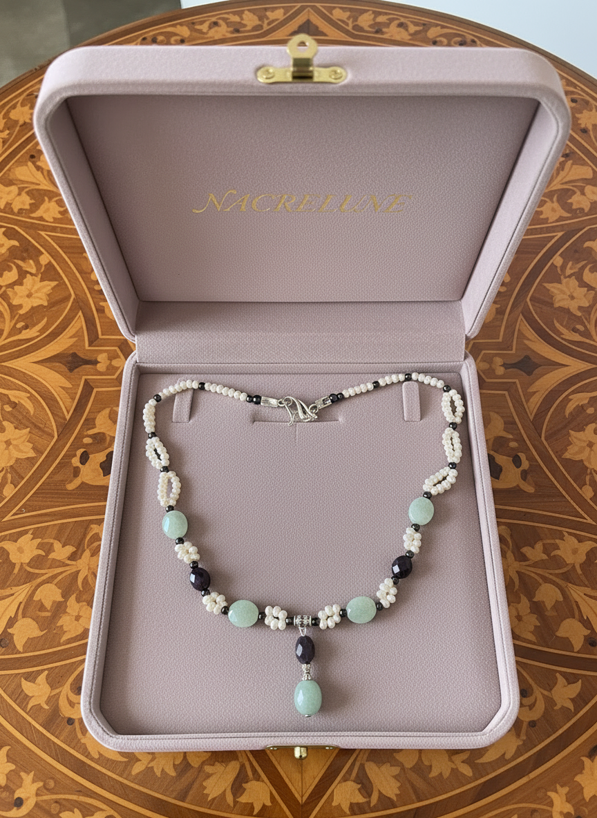 Collier en amazonite, améthyste et perles de culture