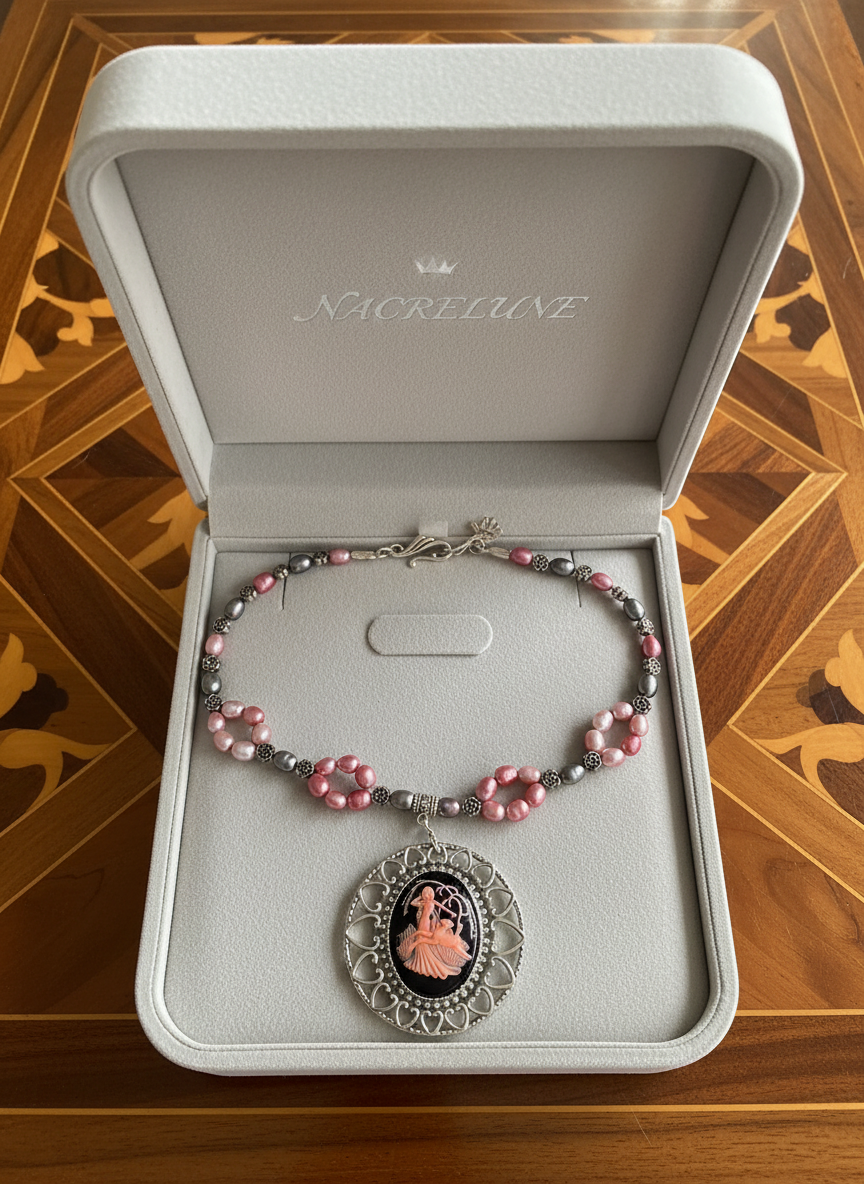 Collier en perles de culture roses avec camée nacrelune.com collier