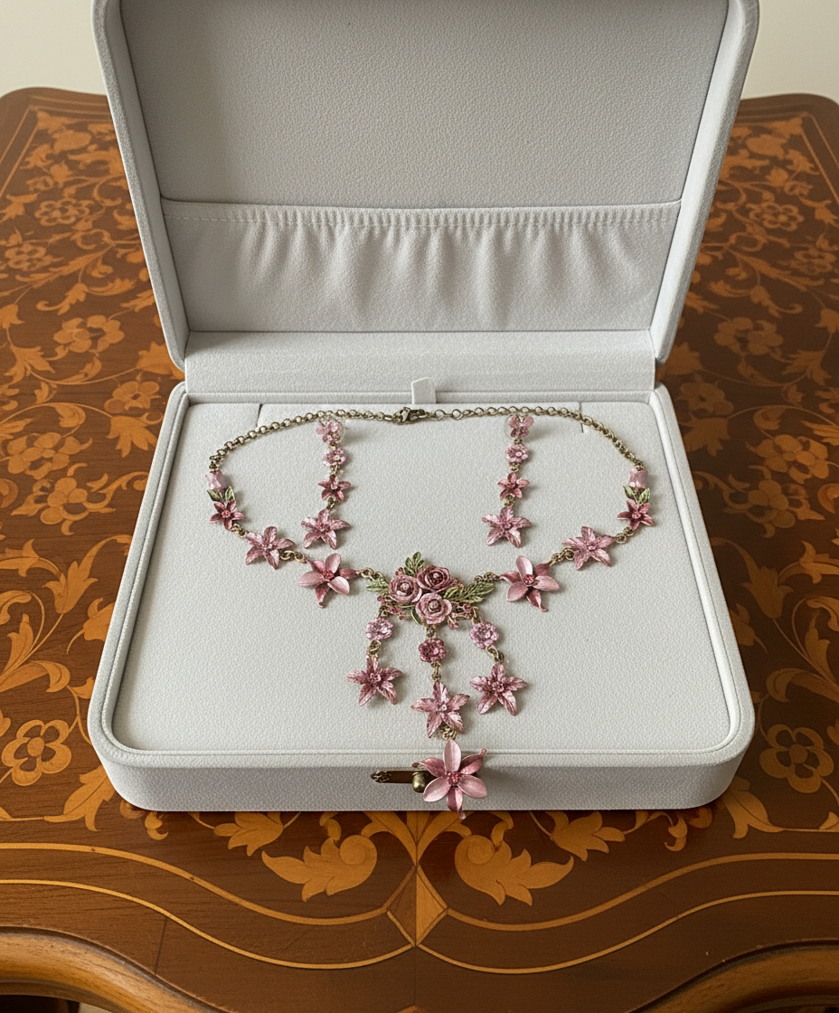 Parure fleurs en émail rose nacrelune.com parure