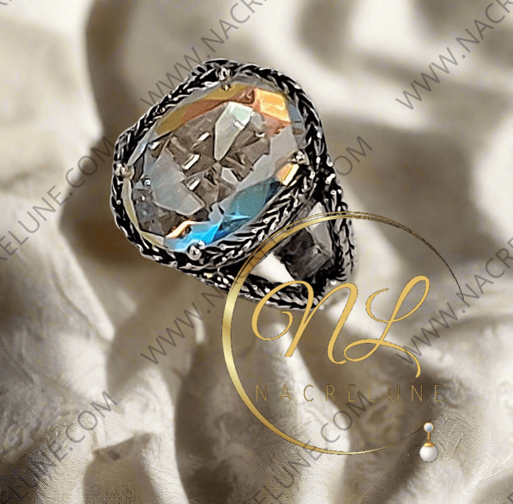 Bague en argent 925 avec topaze traitée mystique multicolore