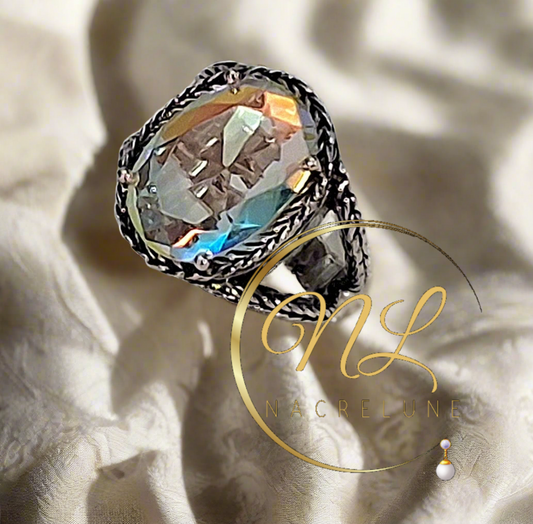 Bague en argent 925 avec topaze traitée mystique multicolore