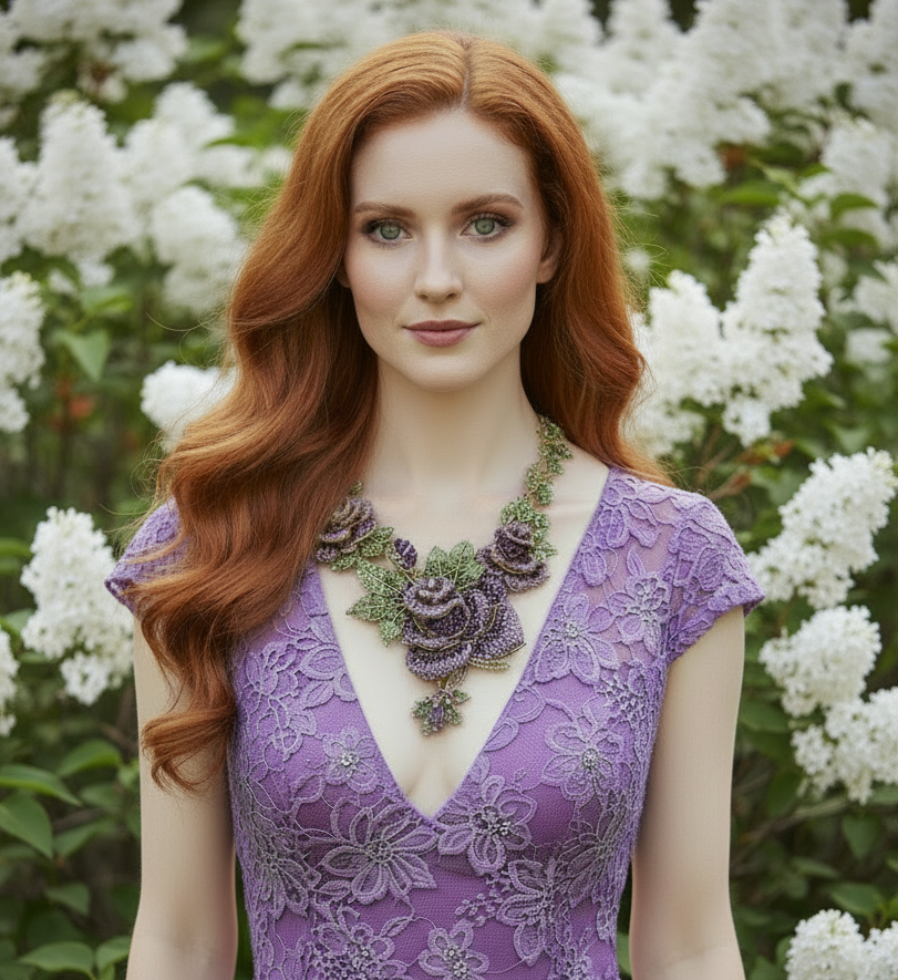 Grande parure en strass représentant des roses mauves NACRELUNE parure