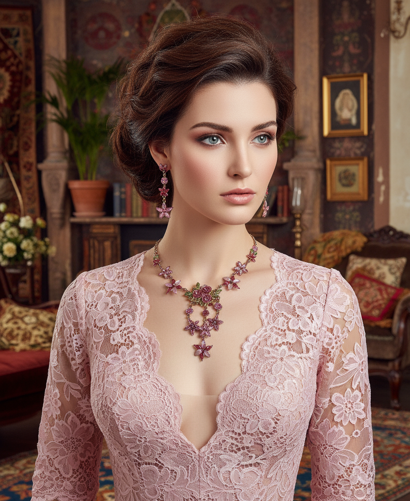 Parure fleurs en émail rose nacrelune.com parure