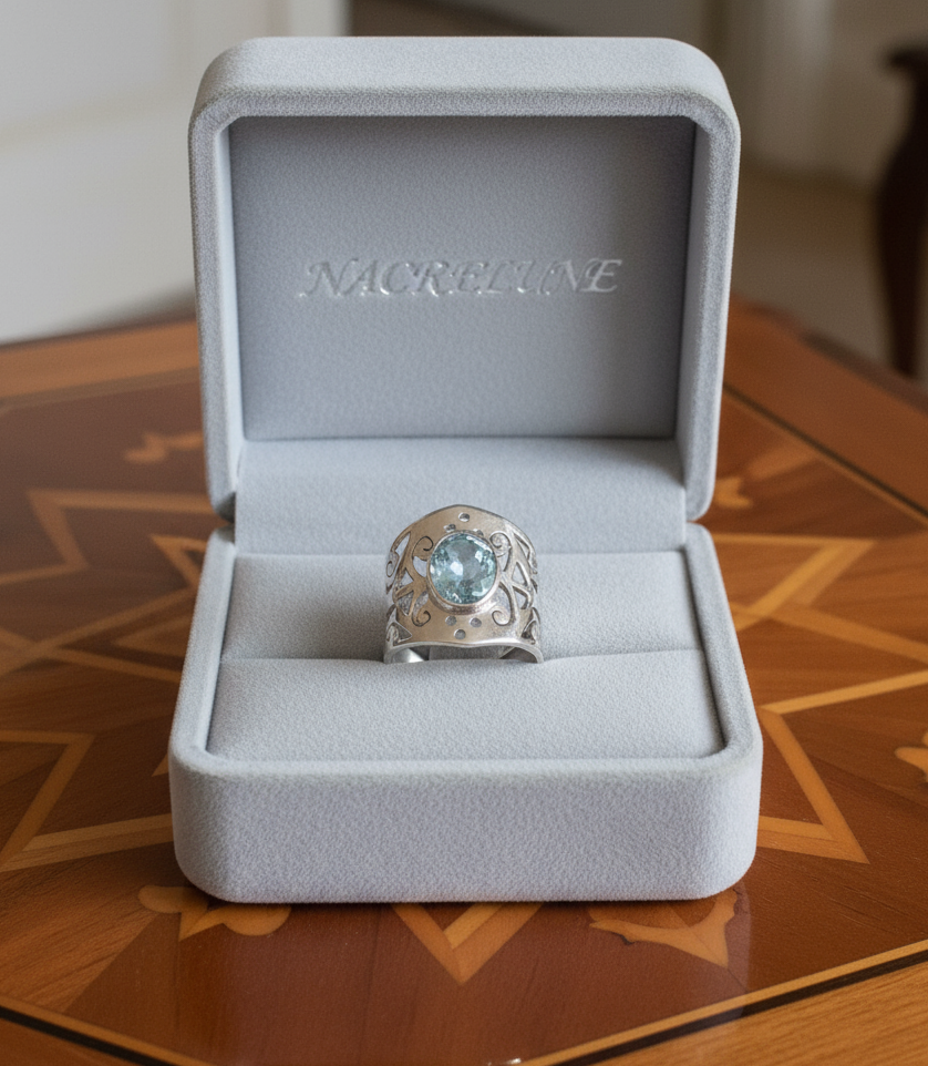 Bague en argent 925 avec topaze bleue taillée nacrelune.com Bague