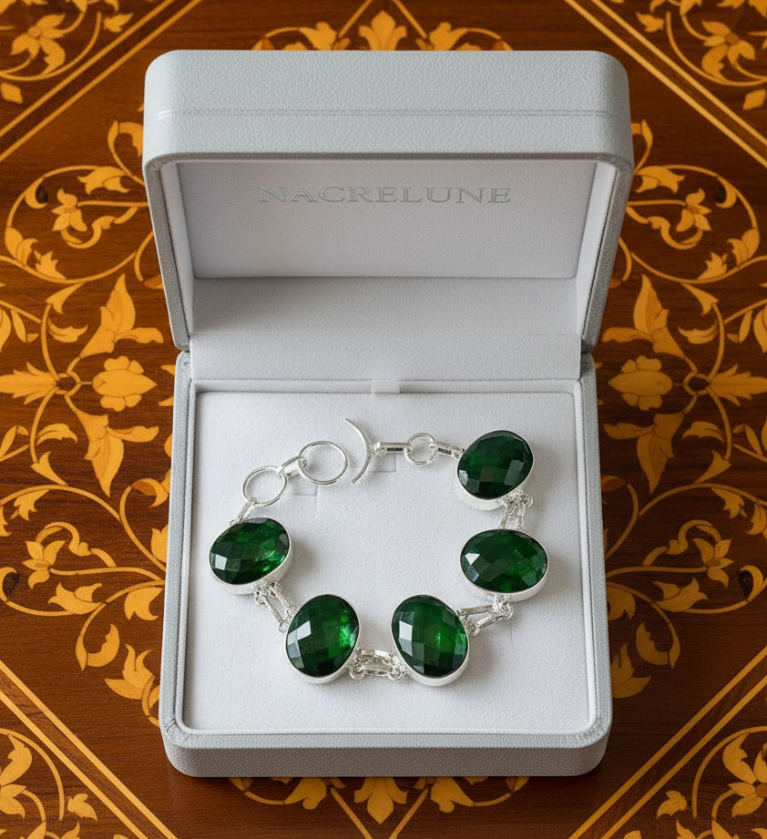 Bracelet en argent avec gros quartz verts taillés NACRELUNE bracelet