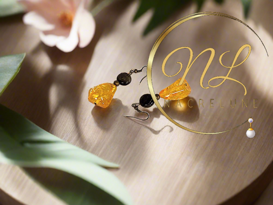 boucles d'oreille tendance bohème Fabriquées avec de l'ambre pressé et de la pierre naturelle