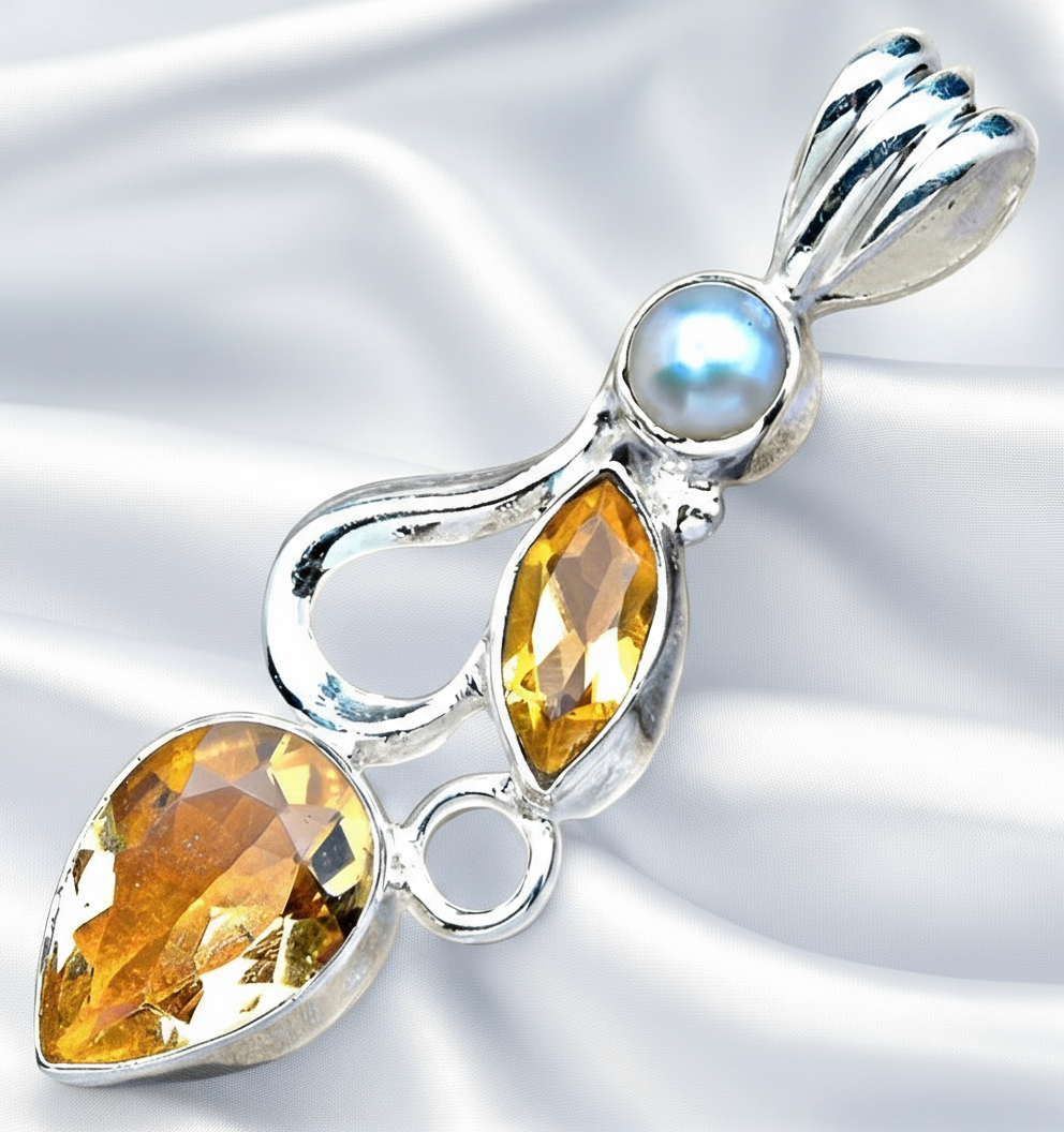 Pendentif en argent 925 avec perle et citrine taillée nacrelune.com collier