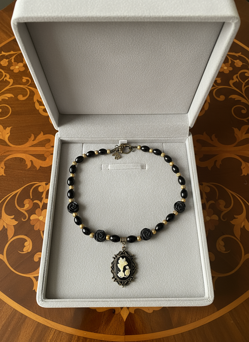 Collier en perles d'onyx avec grand camée en résine nacrelune.com collier