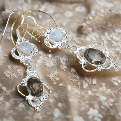 Boucles en argent avec pierre lune et quartz fumé