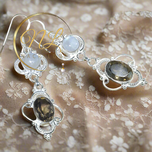 Boucles en argent avec pierre lune et quartz fumé