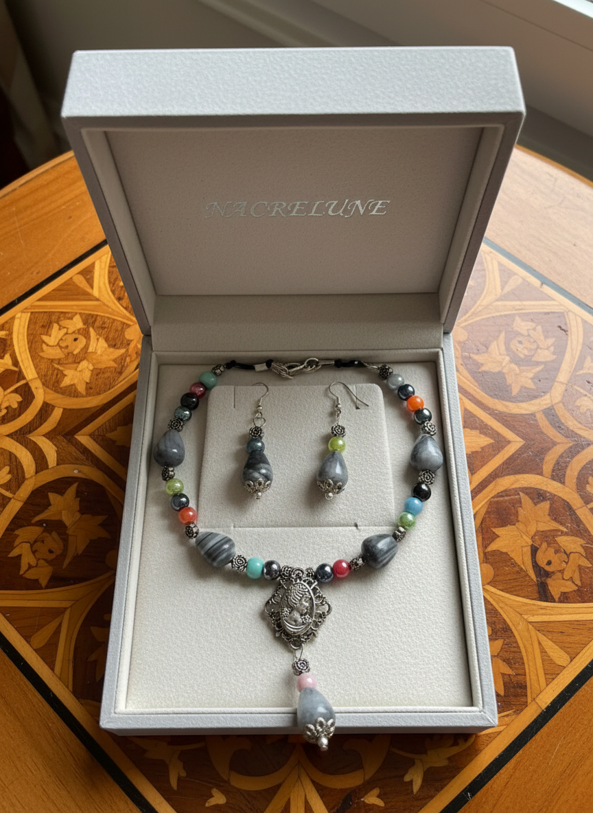 Parure en perles d’agate grise et porcelaine colorées nacrelune.com parure