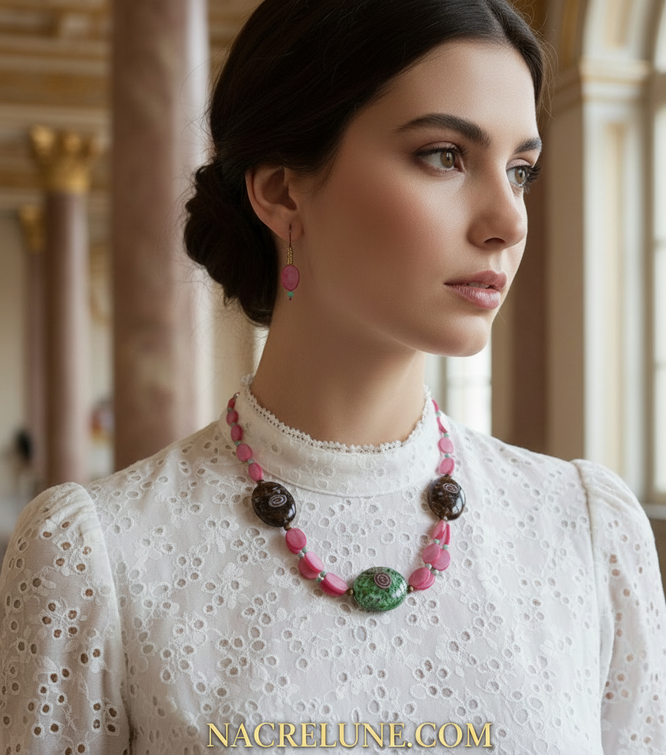 Parure en perles de nacre et grandes perles de verre nacrelune.com parure
