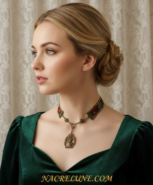 collier avec ruban brocard et camée métallique