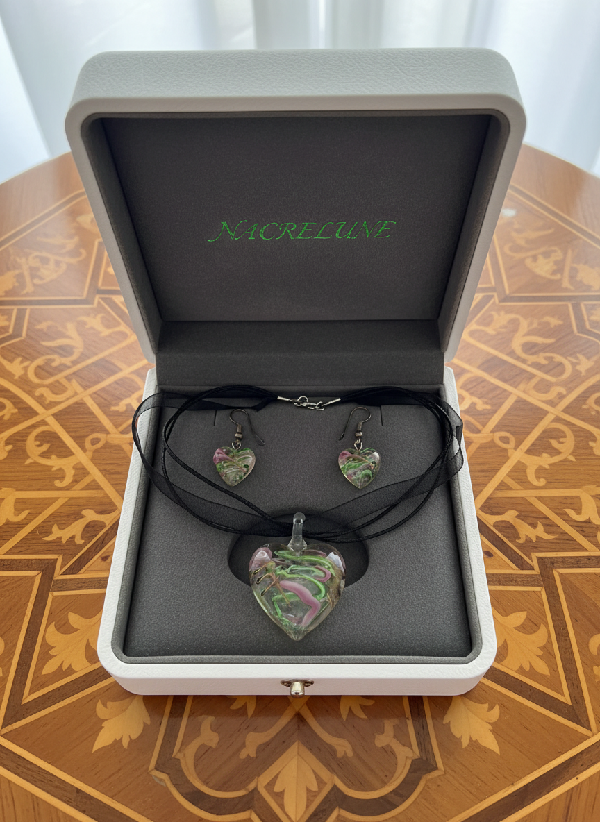 Parure coeurs en verre décoré : choisissez votre couleur nacrelune.com parure