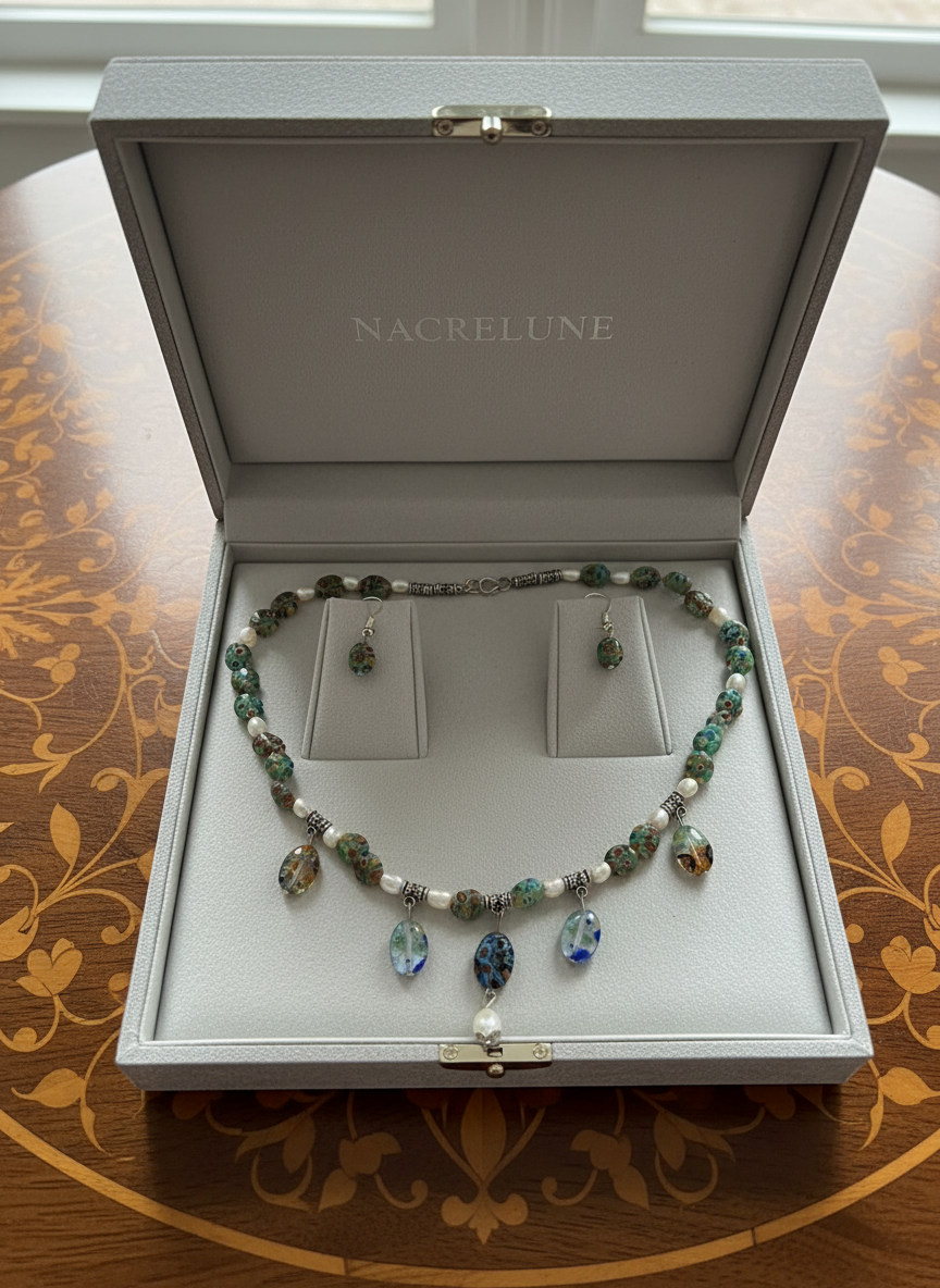 Parure en perles de verre millefiori et perles de culture nacrelune.com parure