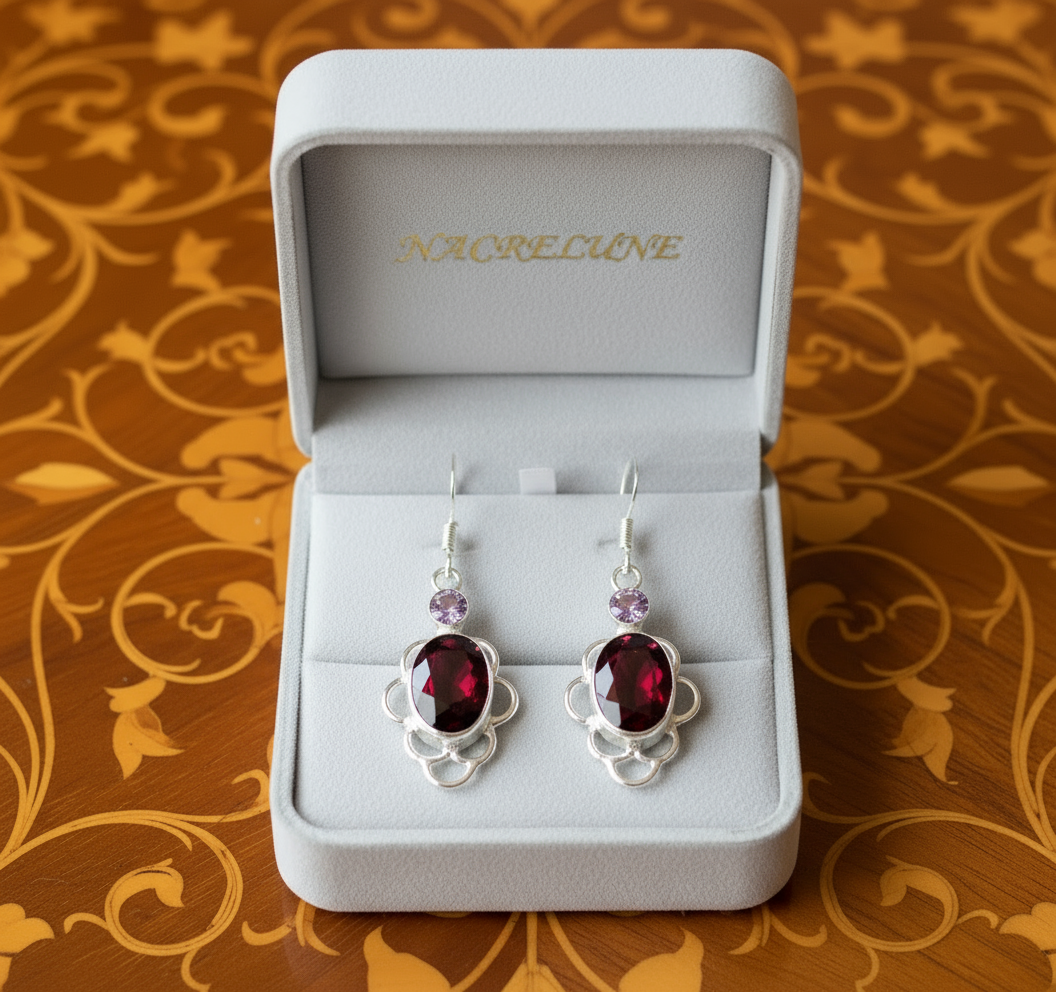 Boucles d'oreille en argent avec grenat et topaze rose nacrelune.com boucles d'oreille