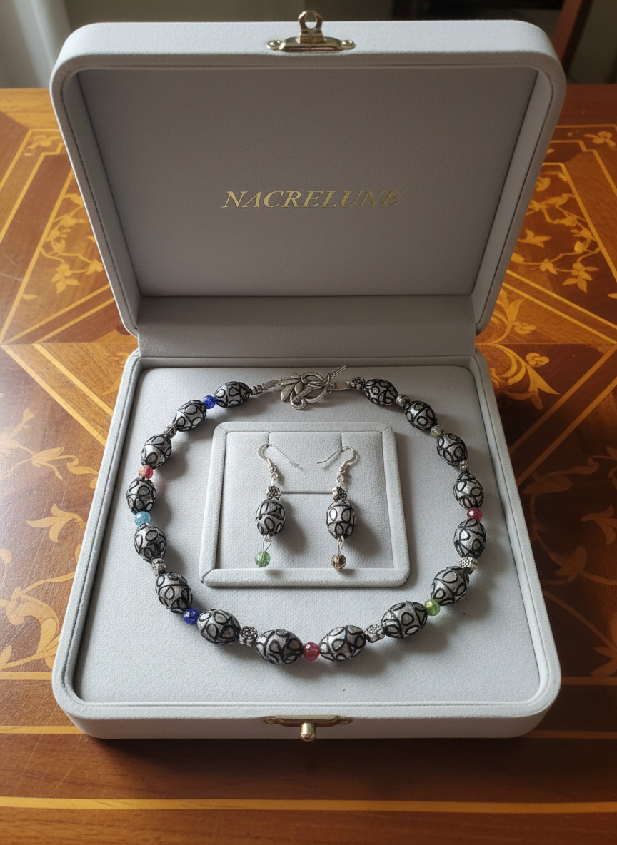 Parure en perles de verre dentelle noire avec millefleurs noir NACRELUNE parure