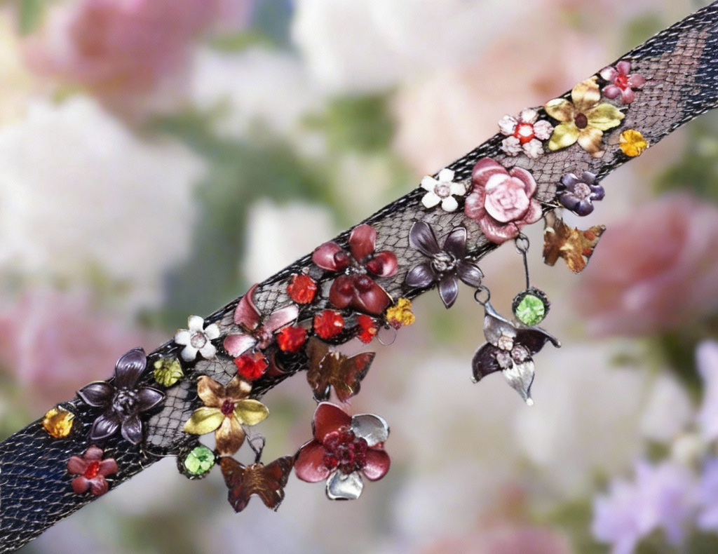 Collier en maille semi rigide avec fleurs et papillons nacrelune.com collier