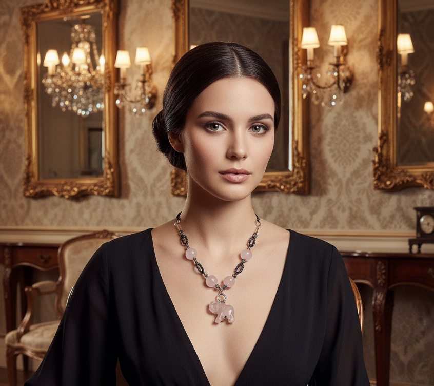 Collier en perles et elephant sculpté en quartz rose véritable NACRELUNE collier