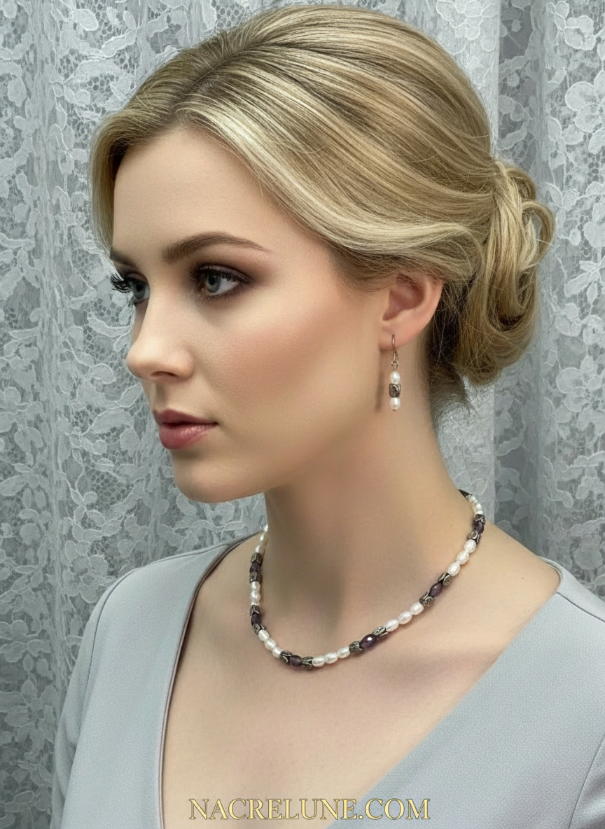 Parure en perles de culture avec améthystes véritables polies nacrelune.com parure