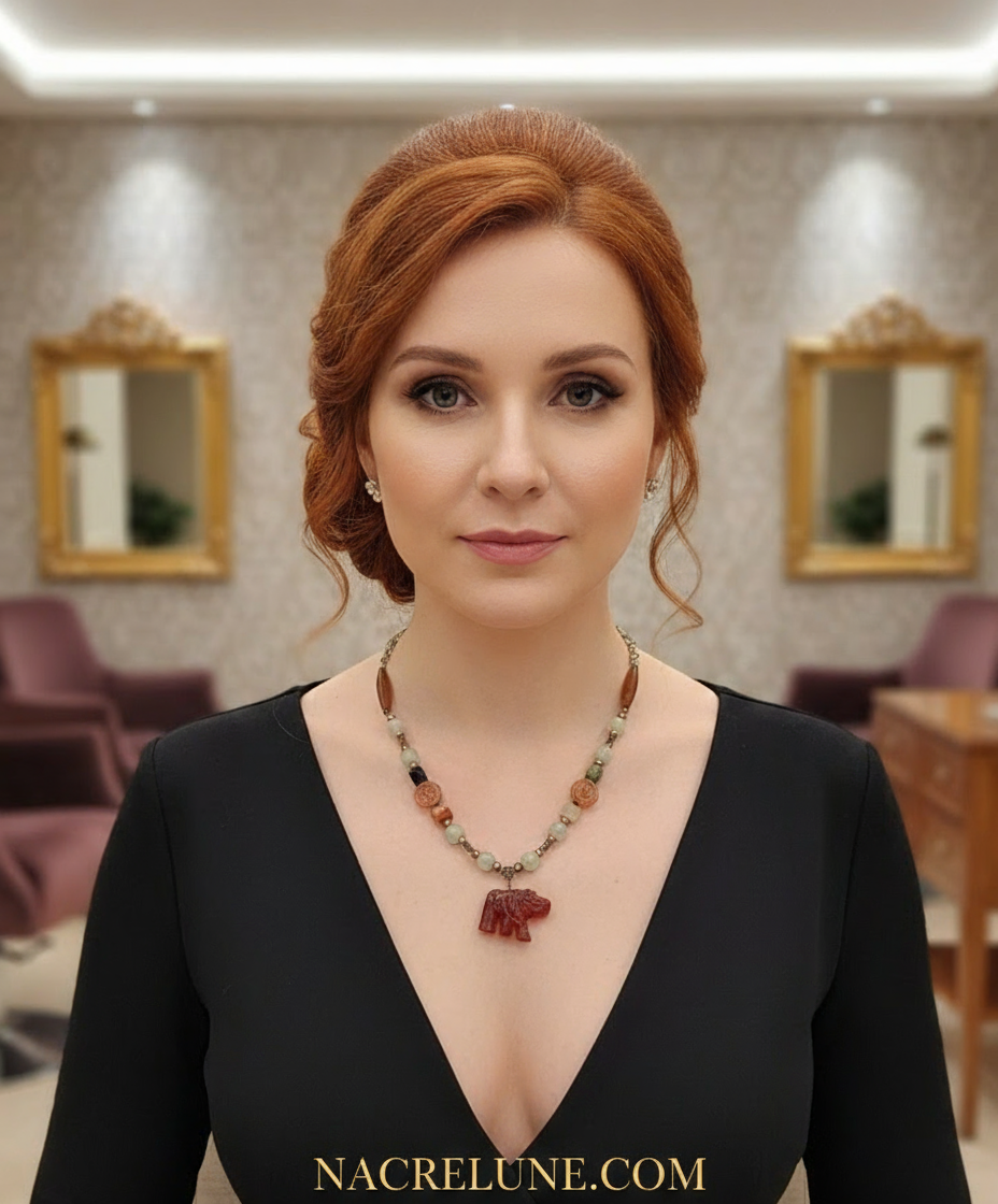 Collier en jade vert et agate cornaline avec éléphant sculpté