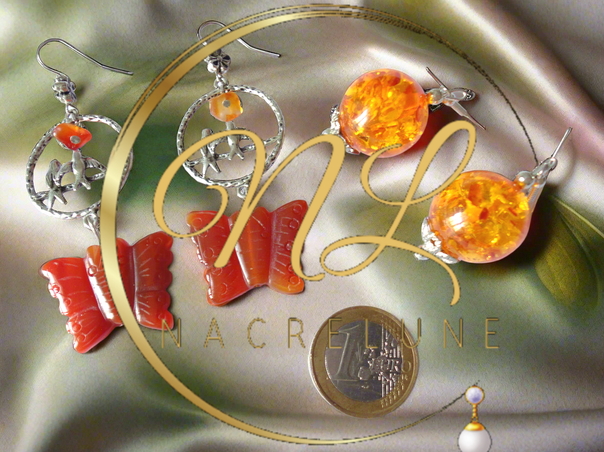 lot de deux magnifiques paires de boucles d'oreilles en cornalines (agates) et ambre