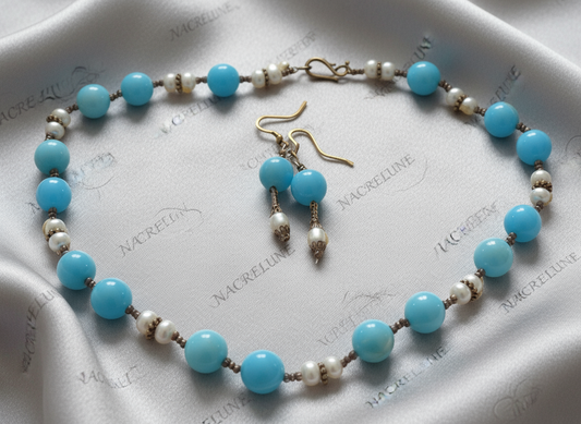 Parure en perles de quartz bleus polis avec perles de culture NACRELUNE parure