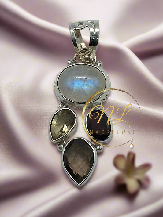 Pendentif Argent et Pierres Semi-Précieuses, conçu avec de l'argent véritable et des pierres précieuses comme le grenat, la pierre de lune, le quartz fumé et la citrine.