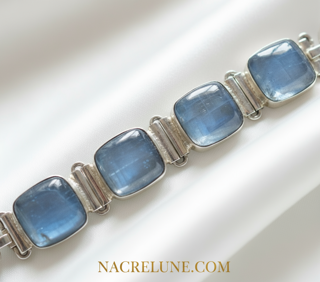 Bracelet en argent avec cyanites polies nacrelune.com bracelet